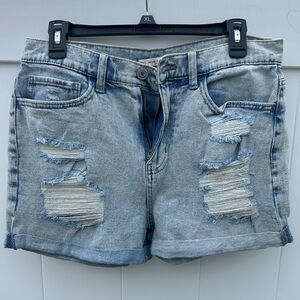Blue Distressed Jean Shorts with Folded Hem